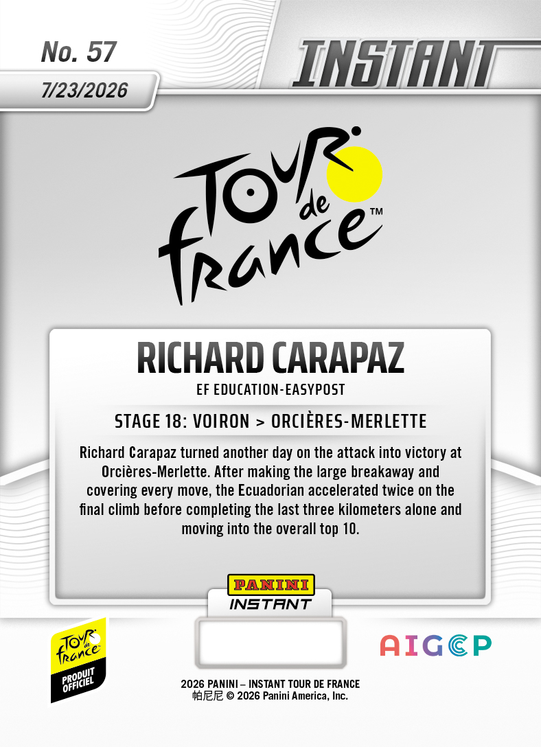 Product thumbnail image 2 of Richard Carapaz - 2026 Panini Instant Tour de France #57 - Base Card 25-pack