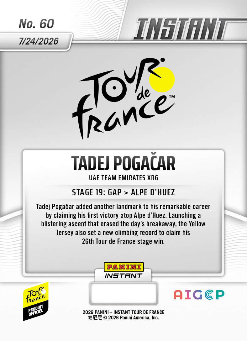 Product thumbnail image 2 of Tadej Pogacar - 2026 Panini Instant Tour de France #60 - Base Card 25-pack
