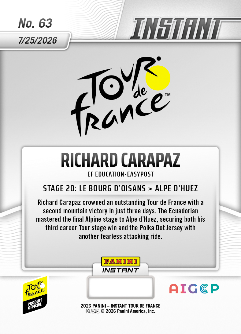 Product thumbnail image 2 of Richard Carapaz - 2026 Panini Instant Tour de France #63 - Base Card 25-pack