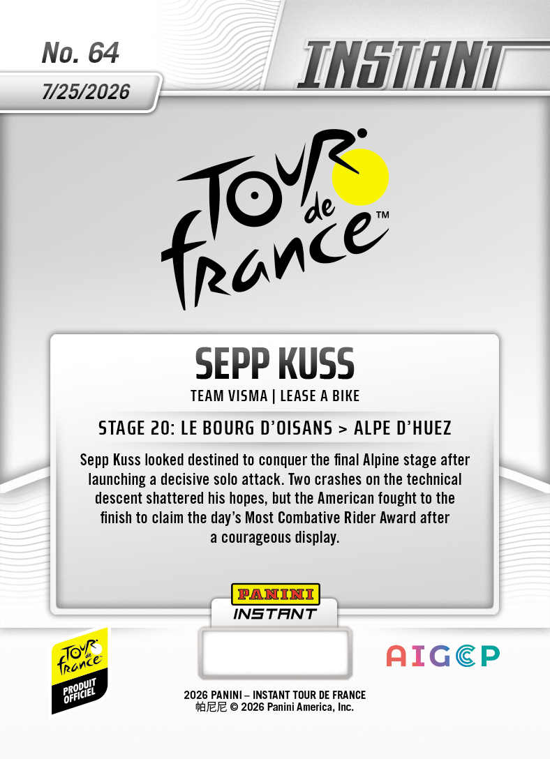 Product thumbnail image 2 of Sepp Kuss - 2026 Panini Instant Tour de France #64 - Base Card 25-pack