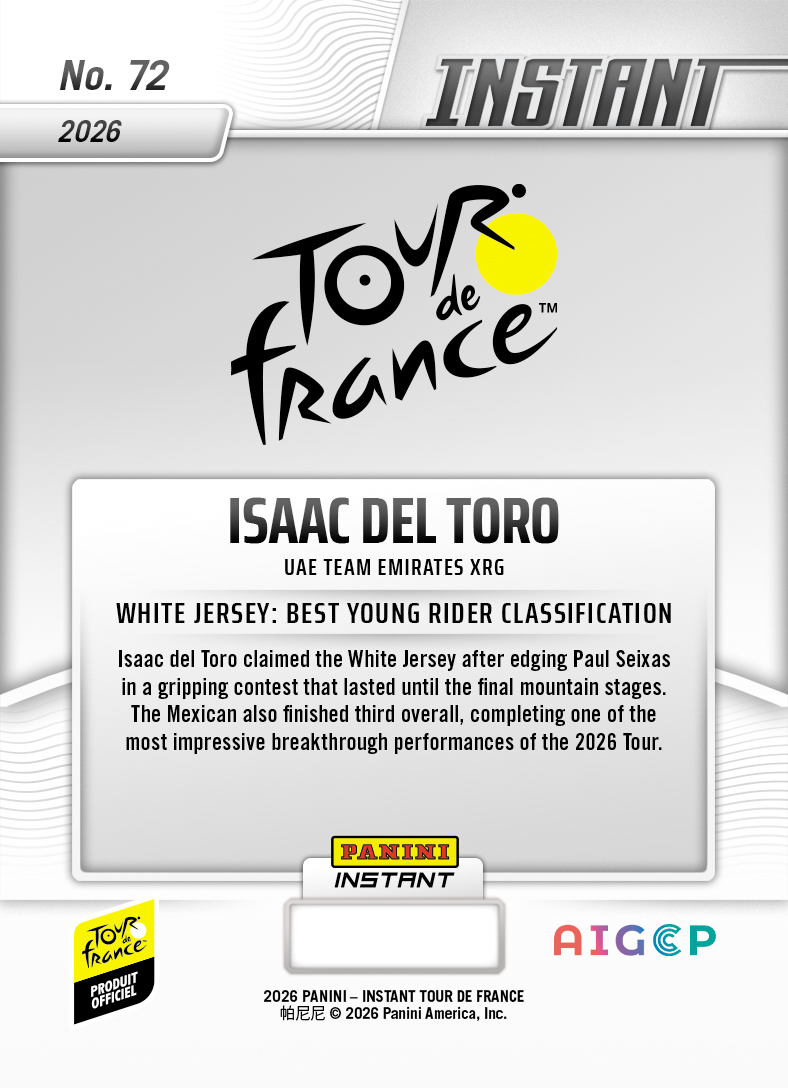 Product thumbnail image 2 of Isaac del Toro - 2026 Panini Instant Tour de France #72 - Base Card 25-pack