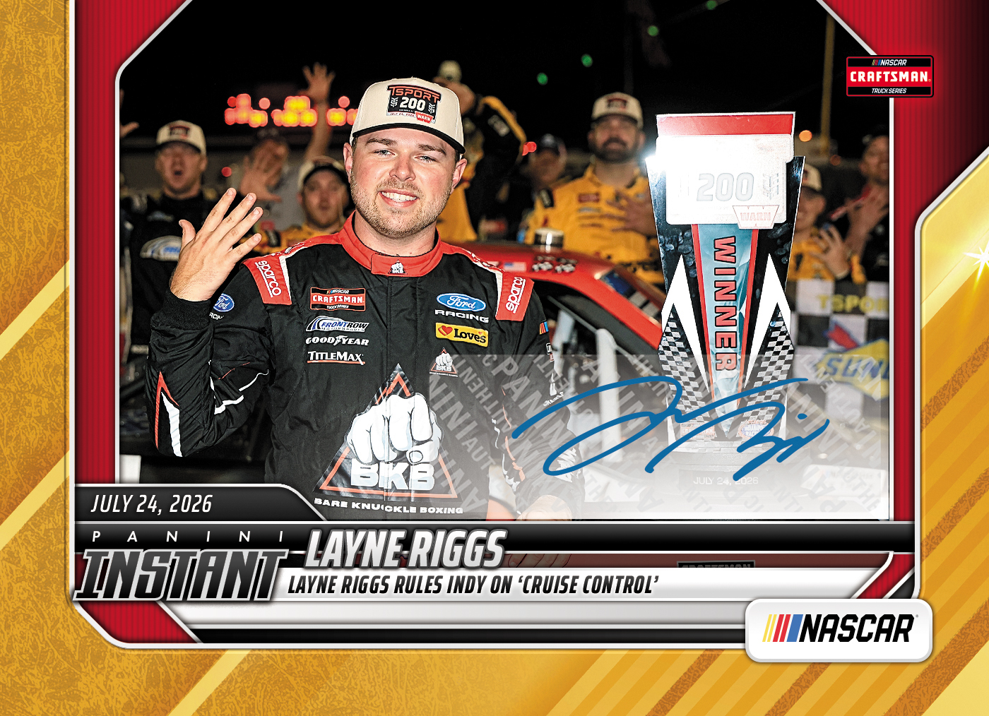Detailed Image of Layne Riggs - 2026 Panini Instant NASCAR #67 - Gold /10 Auto