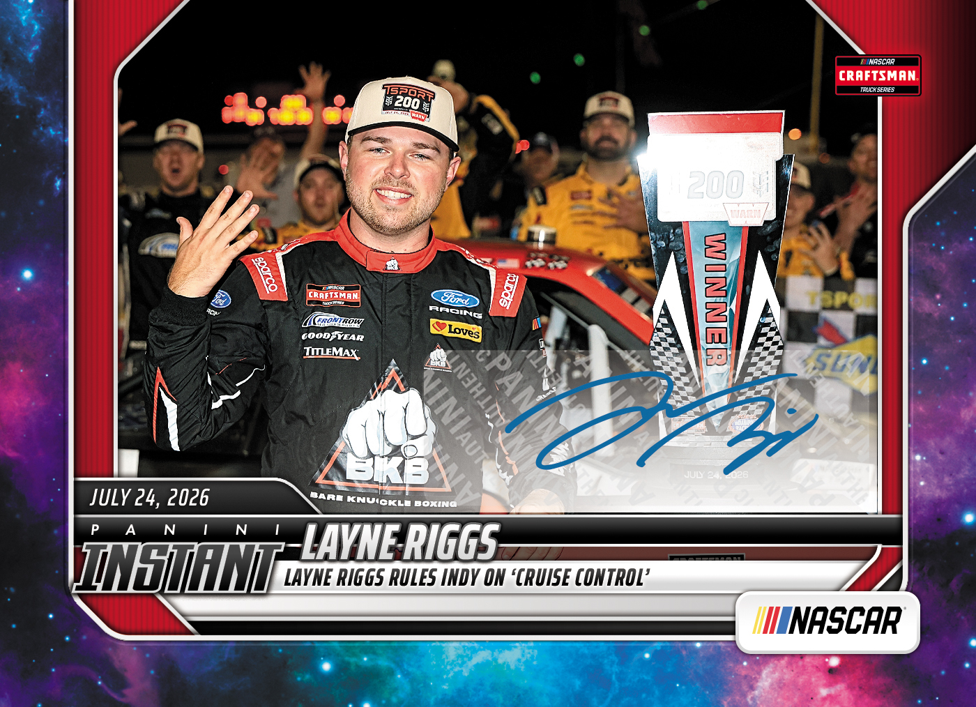 Detailed Image of Layne Riggs - 2026 Panini Instant NASCAR #67 - Galaxy 1/1 Auto