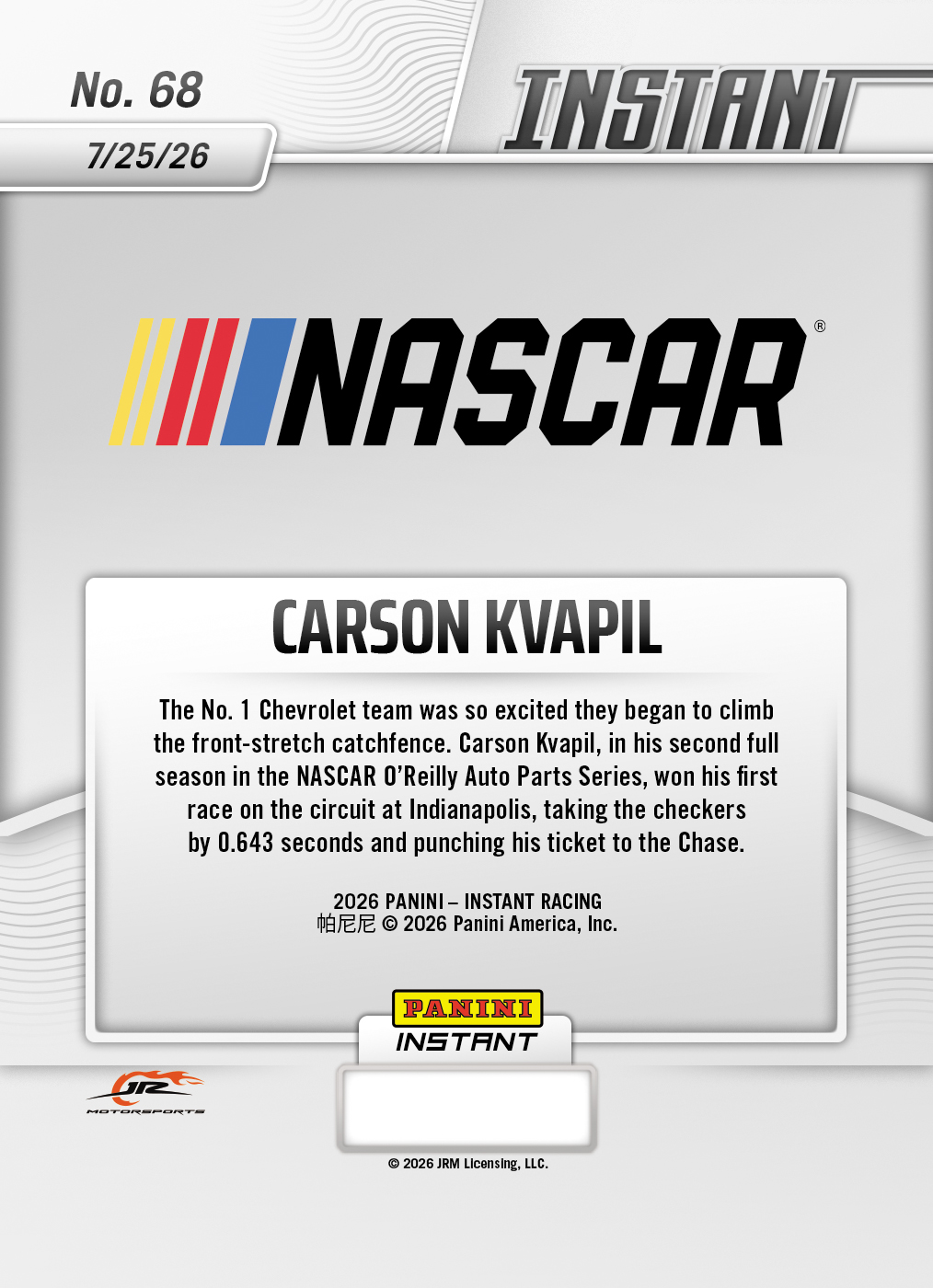 Product thumbnail image 2 of Carson Kvapil - 2026 Panini Instant NASCAR #68 - Base Card 25-pack