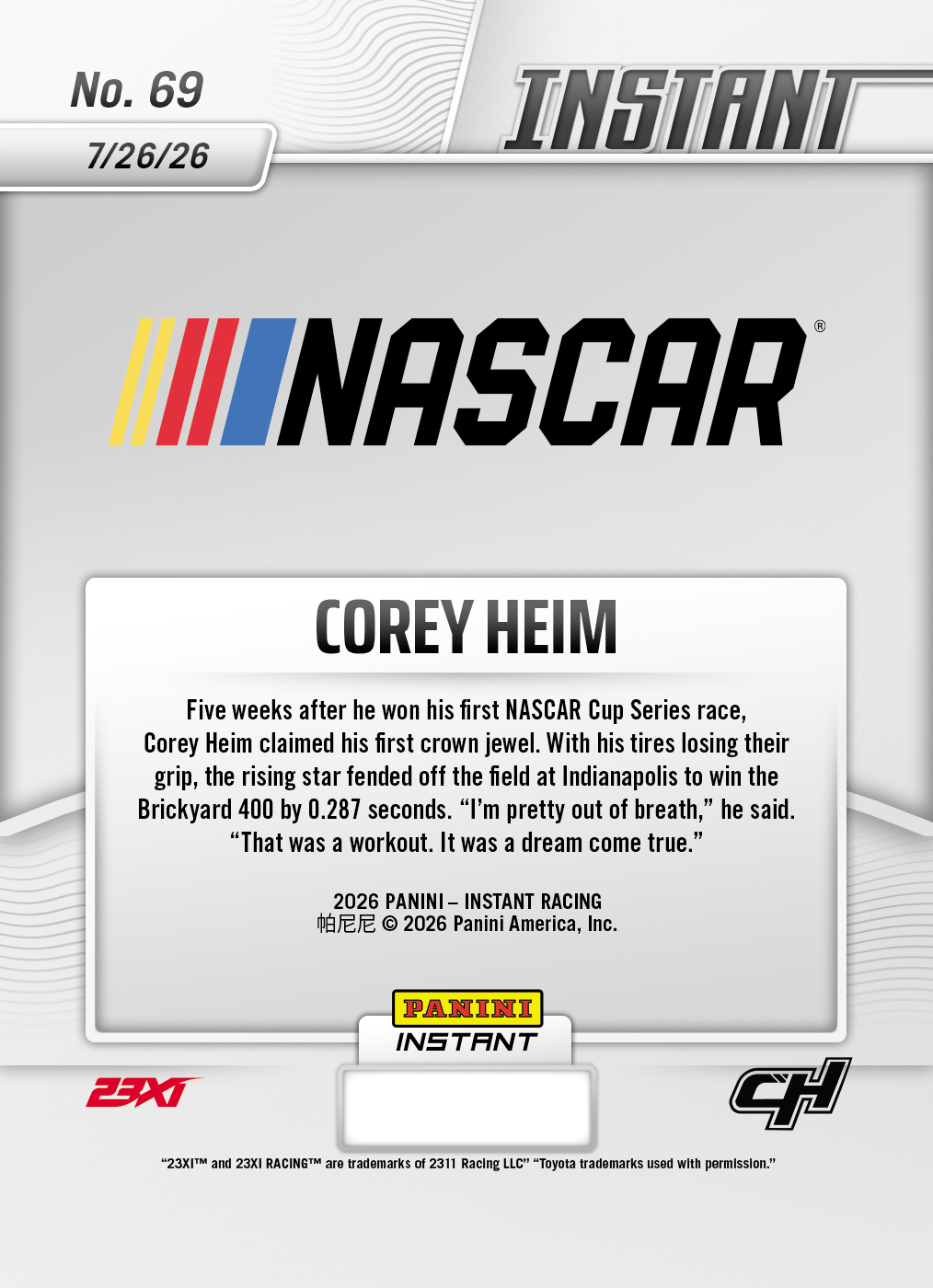 Product thumbnail image 2 of Corey Heim - 2026 Panini Instant NASCAR #69 - Base Card 25-pack