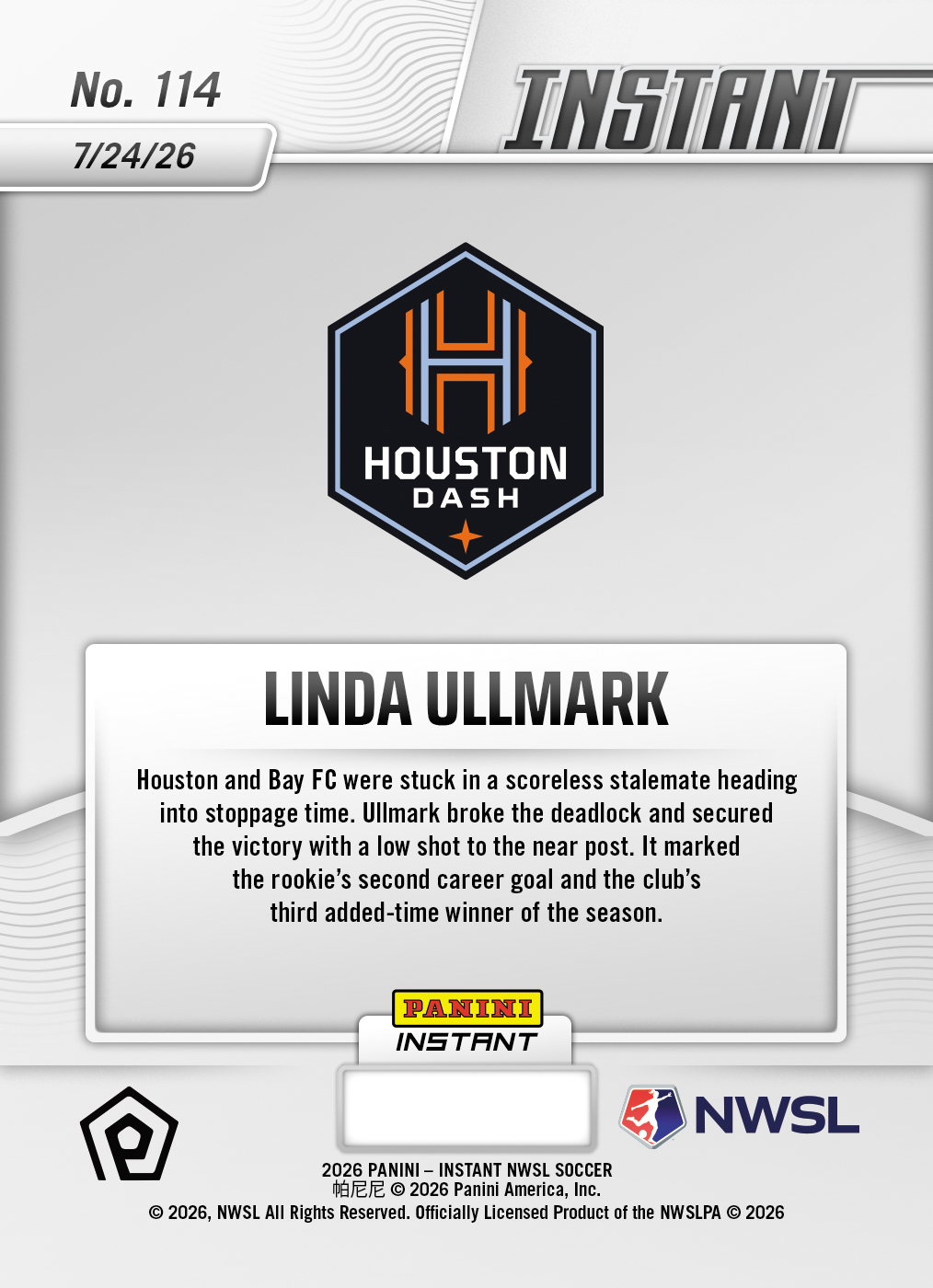 Product thumbnail image 2 of Linda Ullmark - 2026 Panini Instant NWSL #114 - Base Card 10-pack
