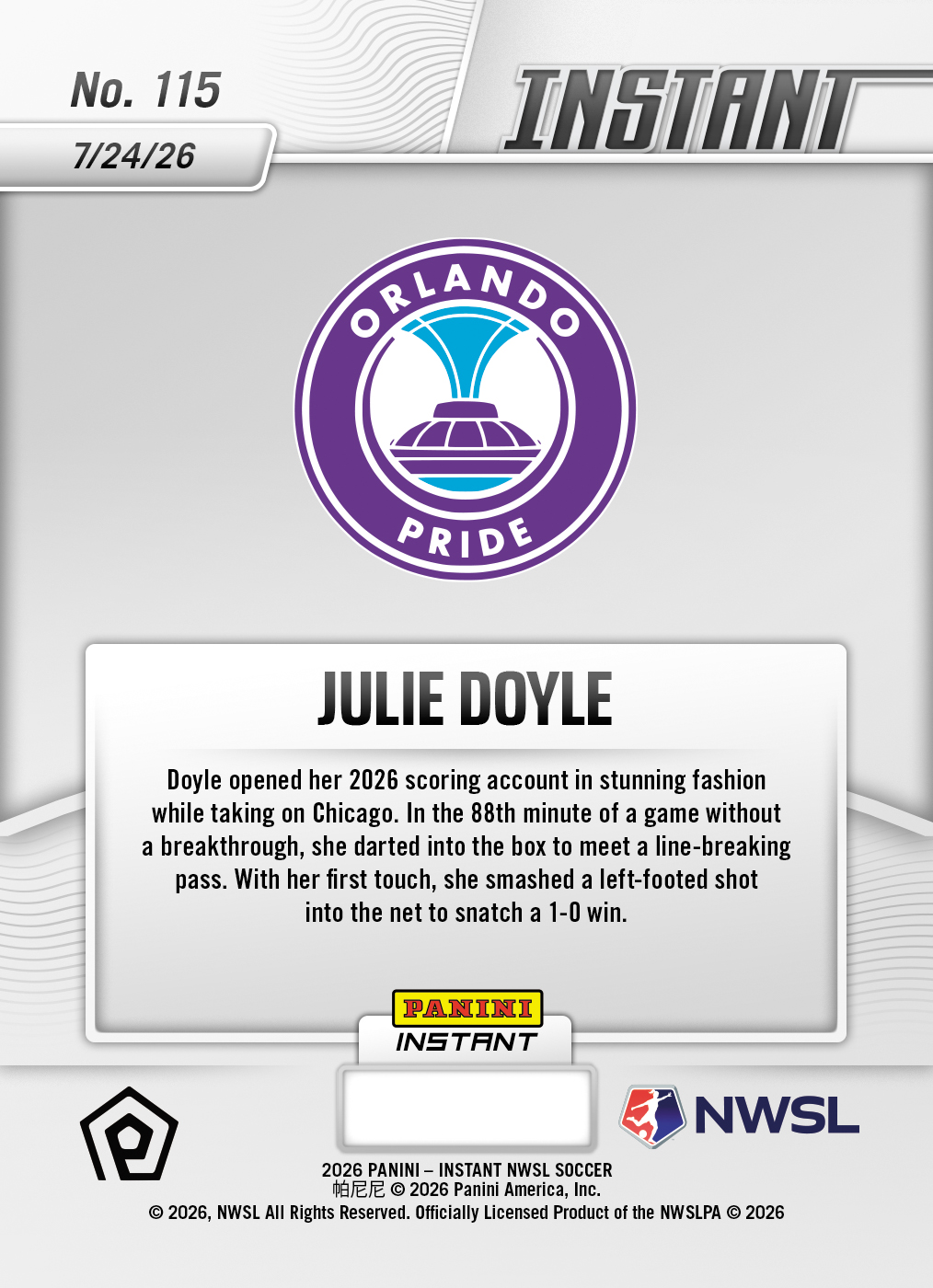 Product thumbnail image 2 of Julie Doyle - 2026 Panini Instant NWSL #115 - Base Card 10-pack
