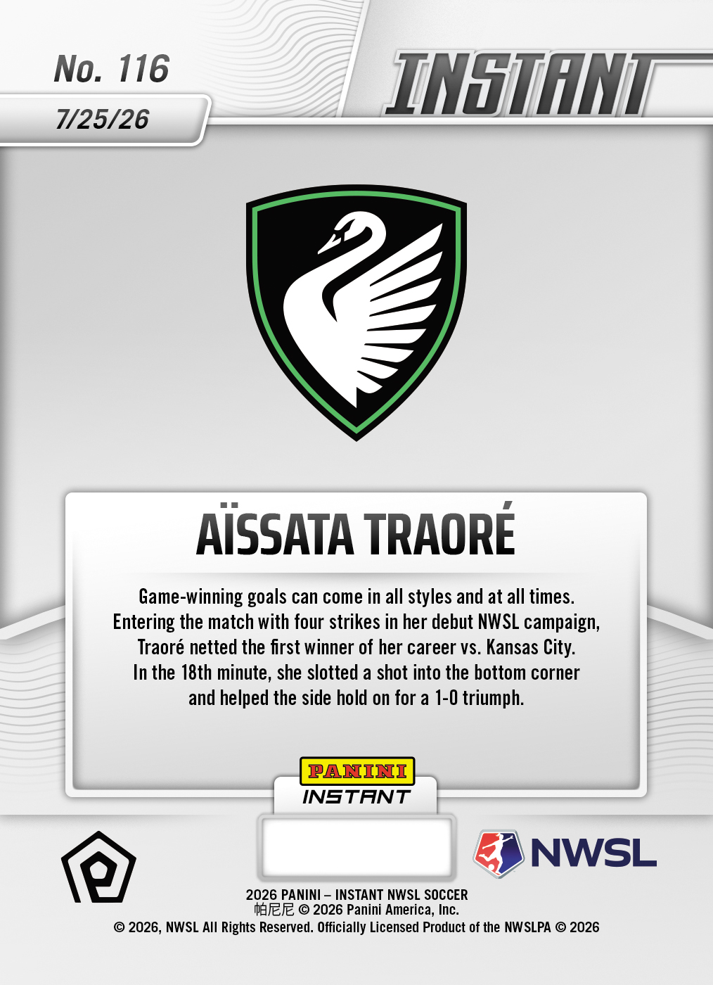Product thumbnail image 2 of Aissata Traore - 2026 Panini Instant NWSL #116 - Base Card 5-pack