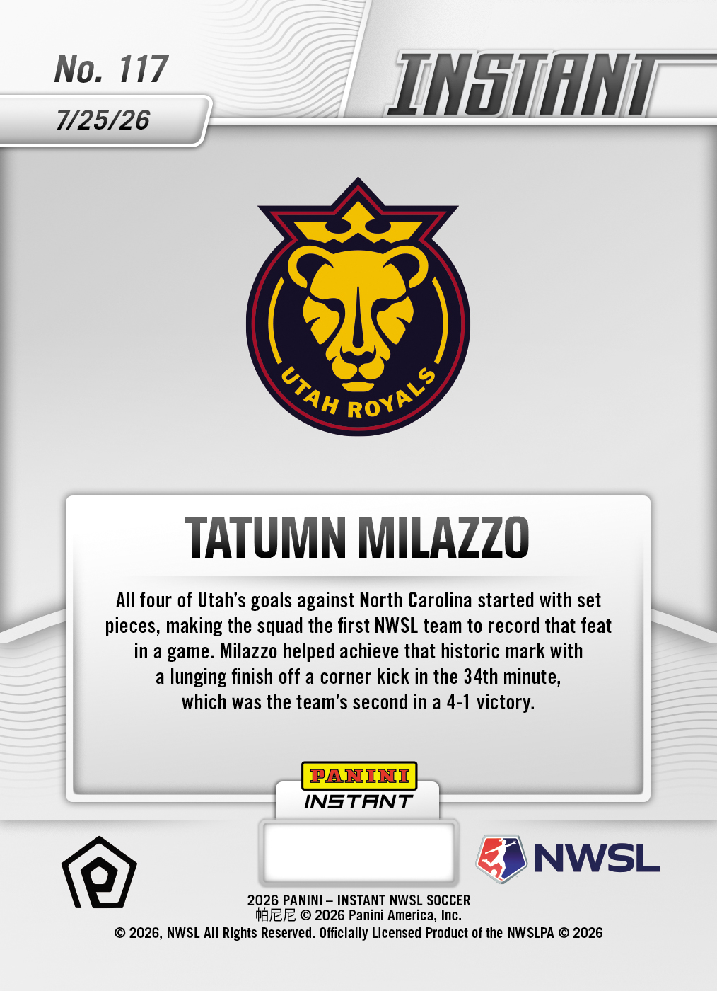 Product thumbnail image 2 of Tatumn Milazzo - 2026 Panini Instant NWSL #117 - Base Card 5-pack
