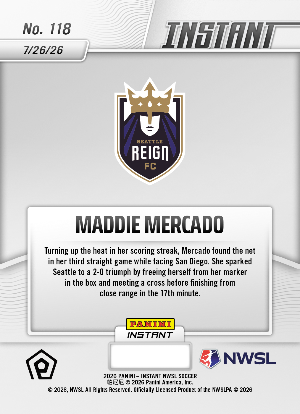 Product thumbnail image 2 of Maddie Mercado - 2026 Panini Instant NWSL #118 - Base Card 25-pack