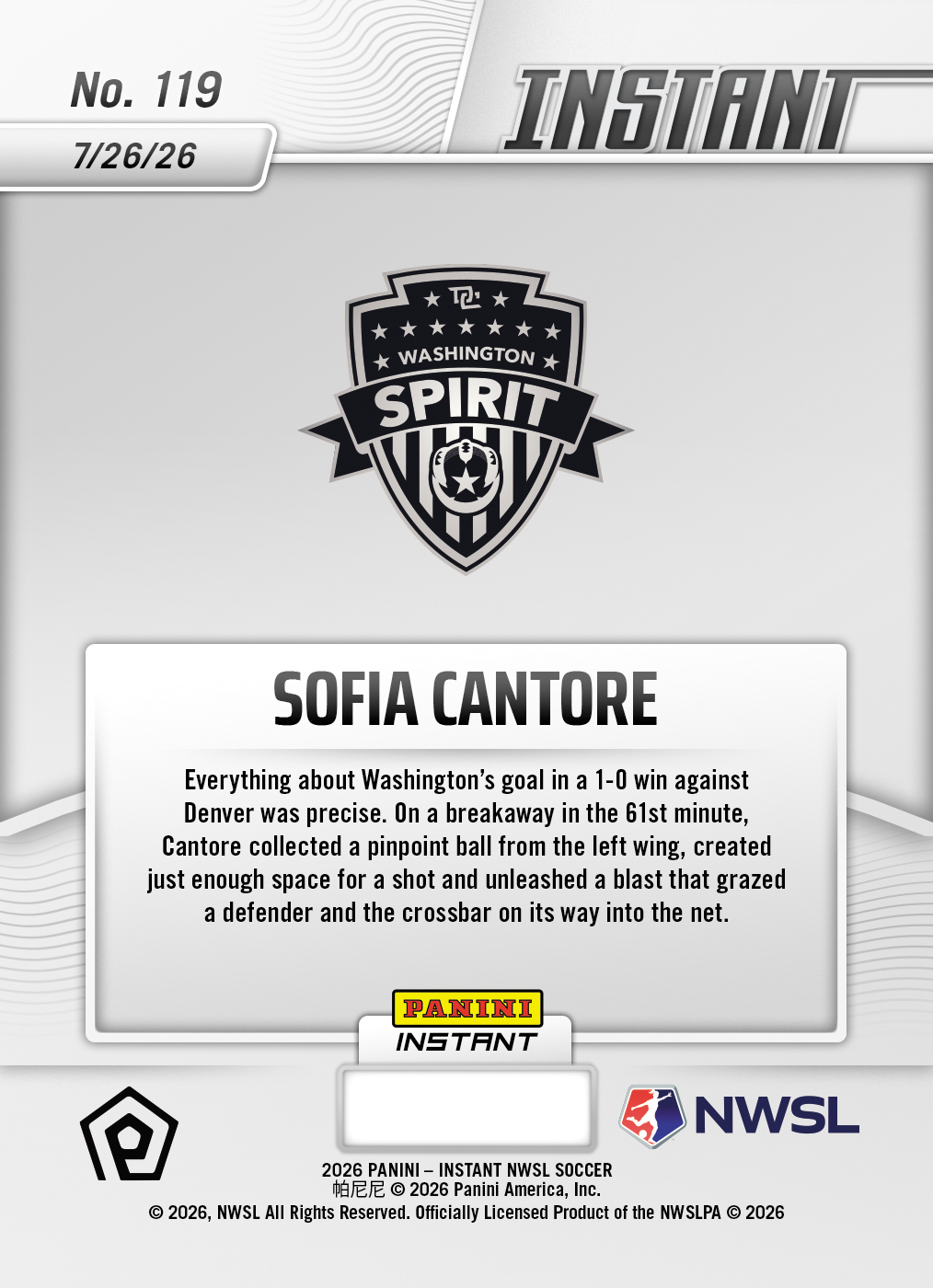 Product thumbnail image 2 of Sofia Cantore - 2026 Panini Instant NWSL #119 - Galaxy 1/1