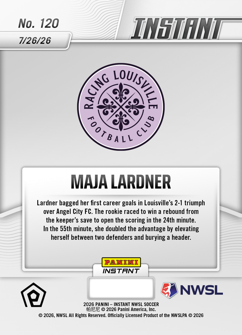 Product thumbnail image 2 of Maja Lardner - 2026 Panini Instant NWSL #120 - Base Card 10-pack