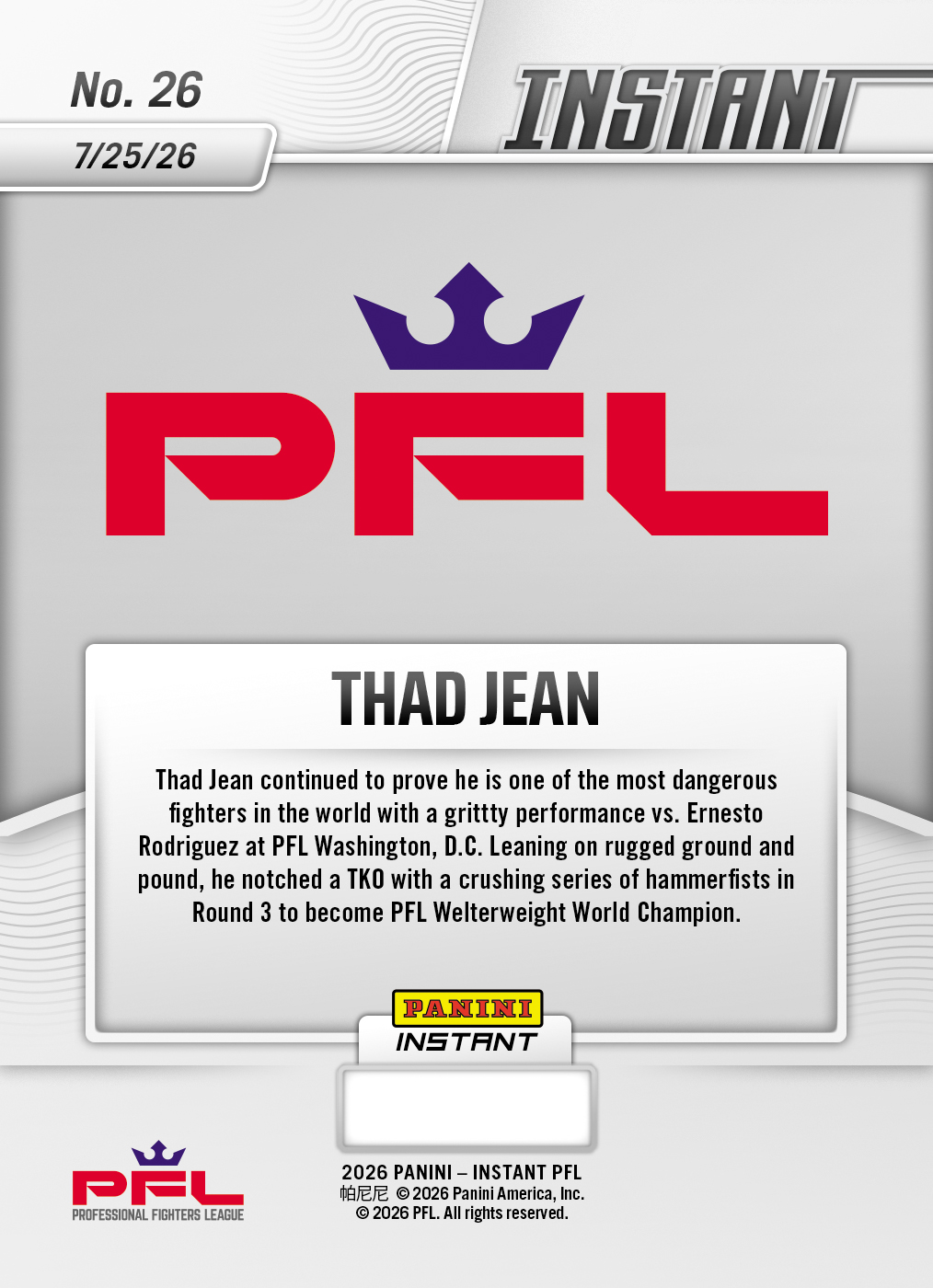 Product thumbnail image 2 of Thad Jean - 2026 Panini Instant PFL #26 - Galaxy 1/1
