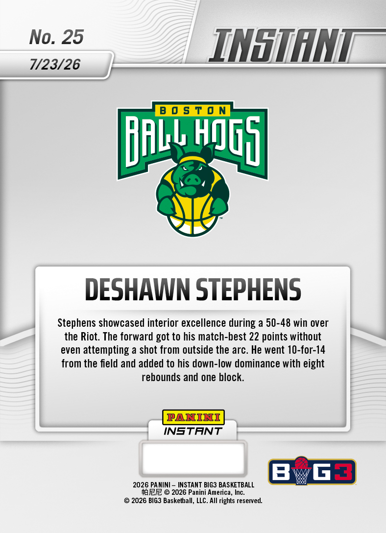 Product thumbnail image 2 of Deshawn Stephens - 2026 Panini Instant Big3 #25 - Base Card