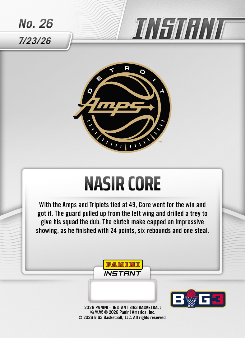 Product thumbnail image 2 of Nasir Core - 2026 Panini Instant Big3 #26 - Base Card 10-pack