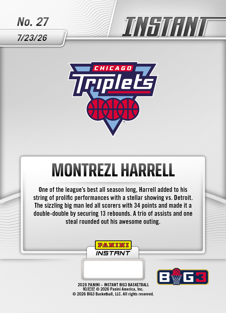 Product thumbnail image 2 of Montrezl Harrell - 2026 Panini Instant Big3 #27 - Base Card 5-pack