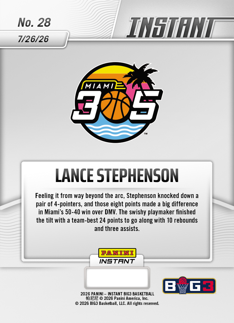 Product thumbnail image 2 of Lance Stephenson - 2026 Panini Instant Big3 #28 - Base /99 Auto