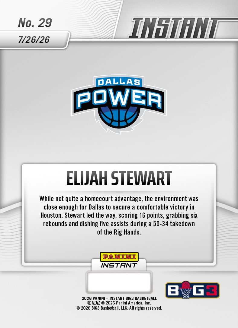 Product thumbnail image 2 of Elijah Stewart - 2026 Panini Instant Big3 #29 - Base Card 5-pack