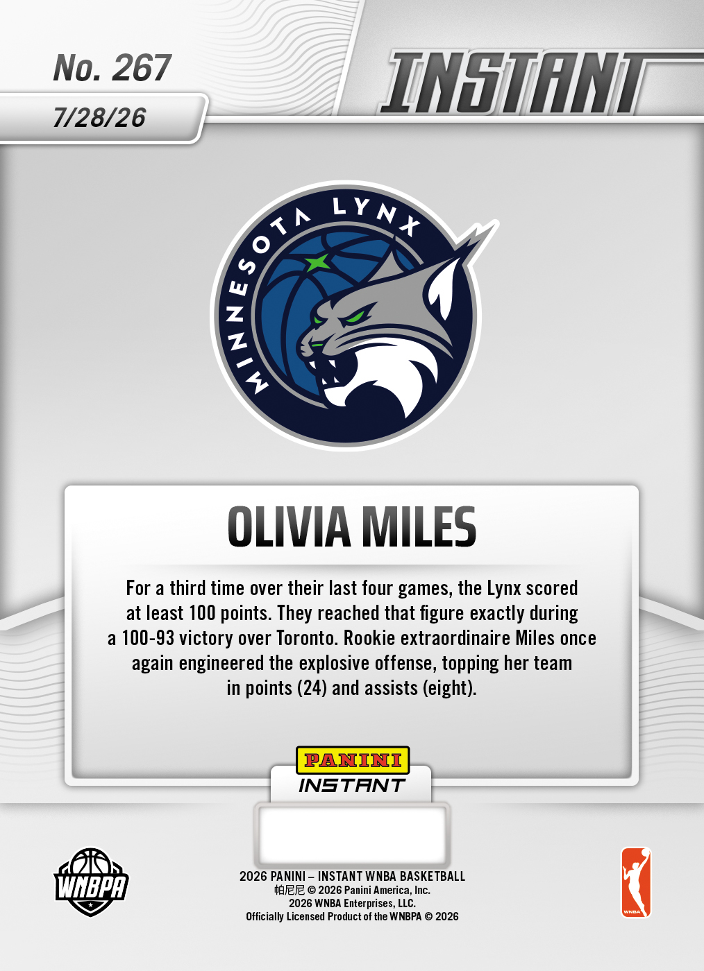 Product thumbnail image 3 of Olivia Miles - 2026 Panini Instant WNBA #267 - Galaxy 1/1 Auto