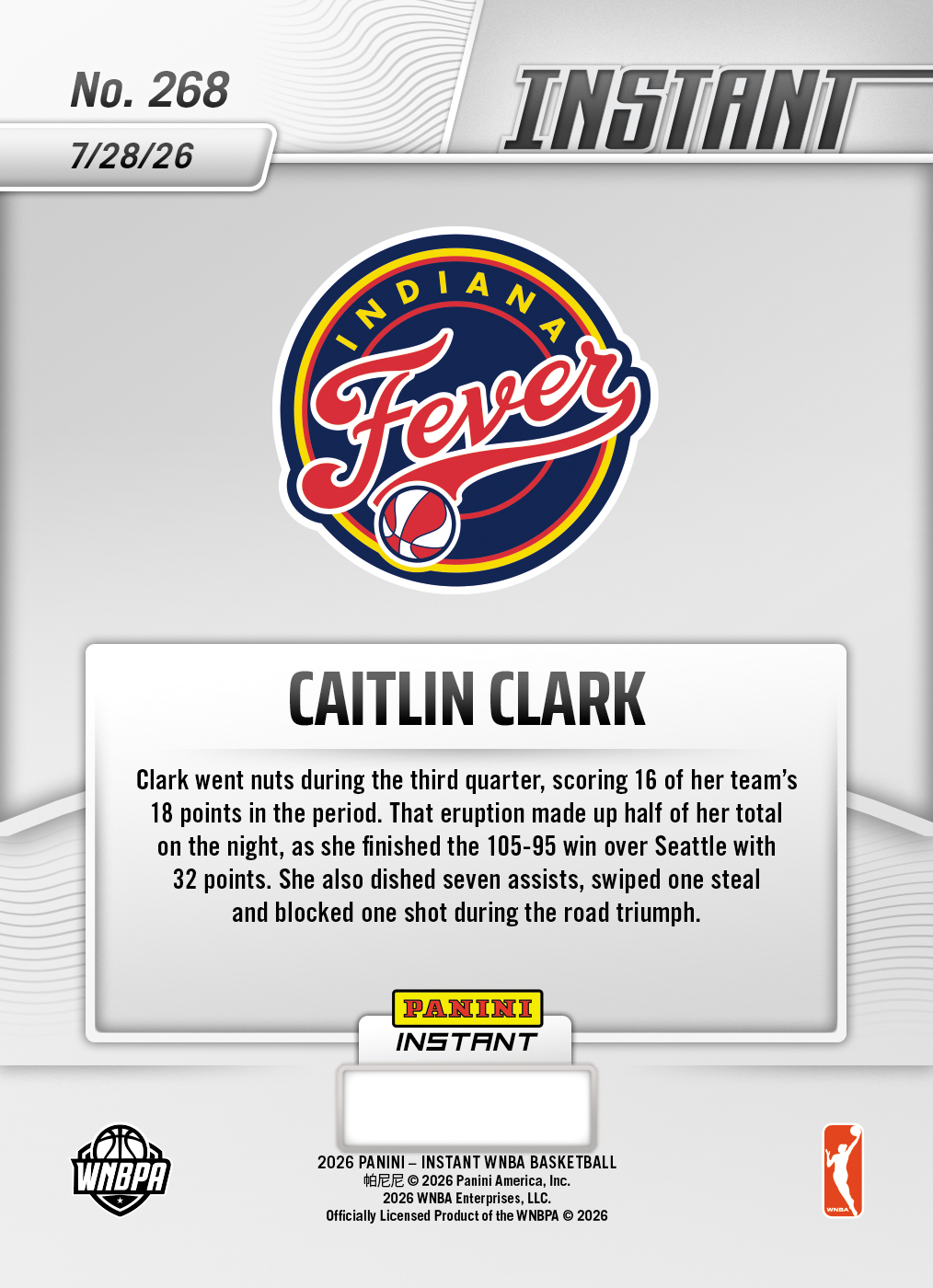 Product thumbnail image 2 of Caitlin Clark - 2026 Panini Instant WNBA #268 - 30th Anniversary /30
