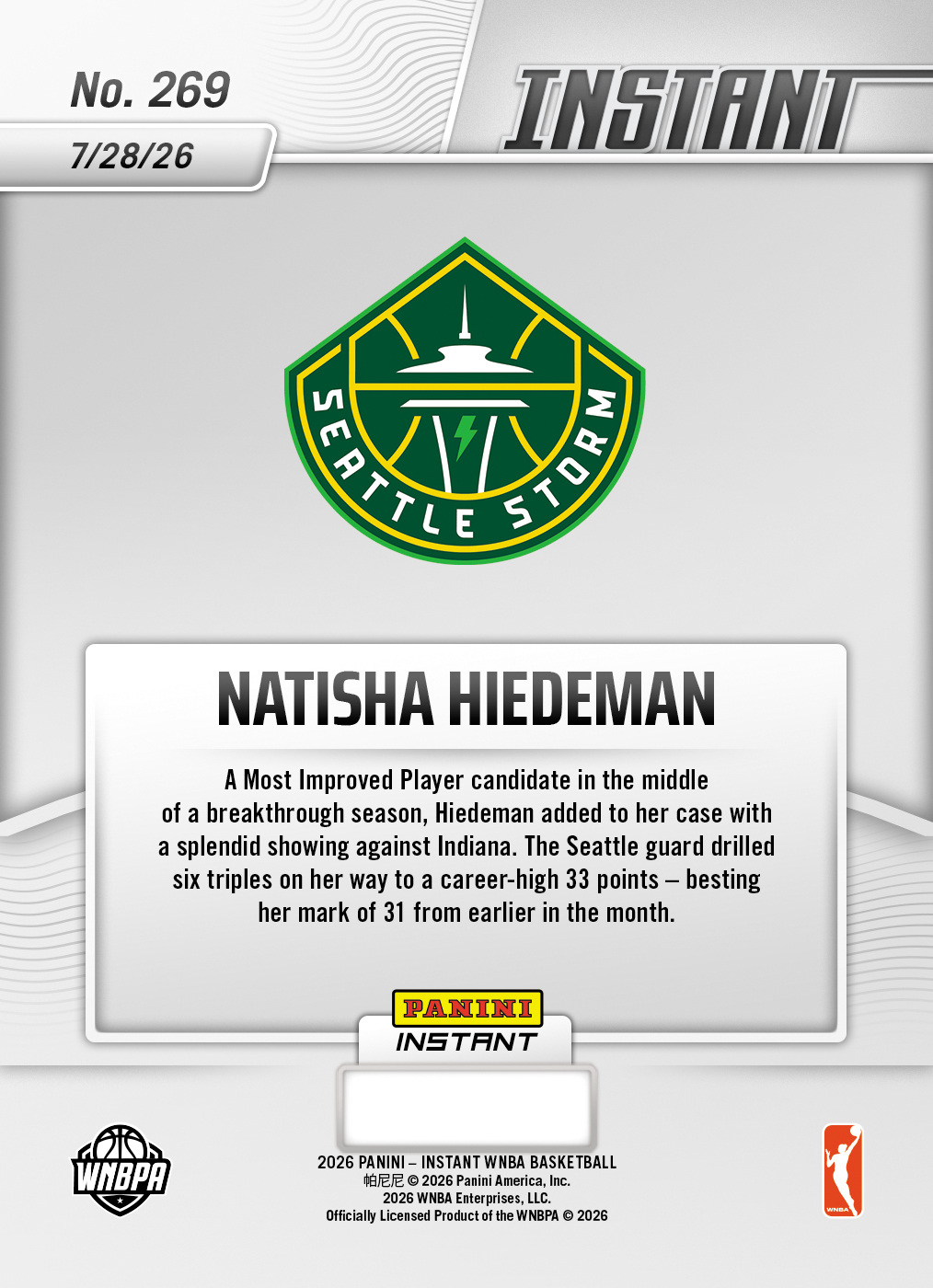 Product thumbnail image 2 of Natisha Hiedeman - 2026 Panini Instant WNBA #269 - Base Card 5-pack