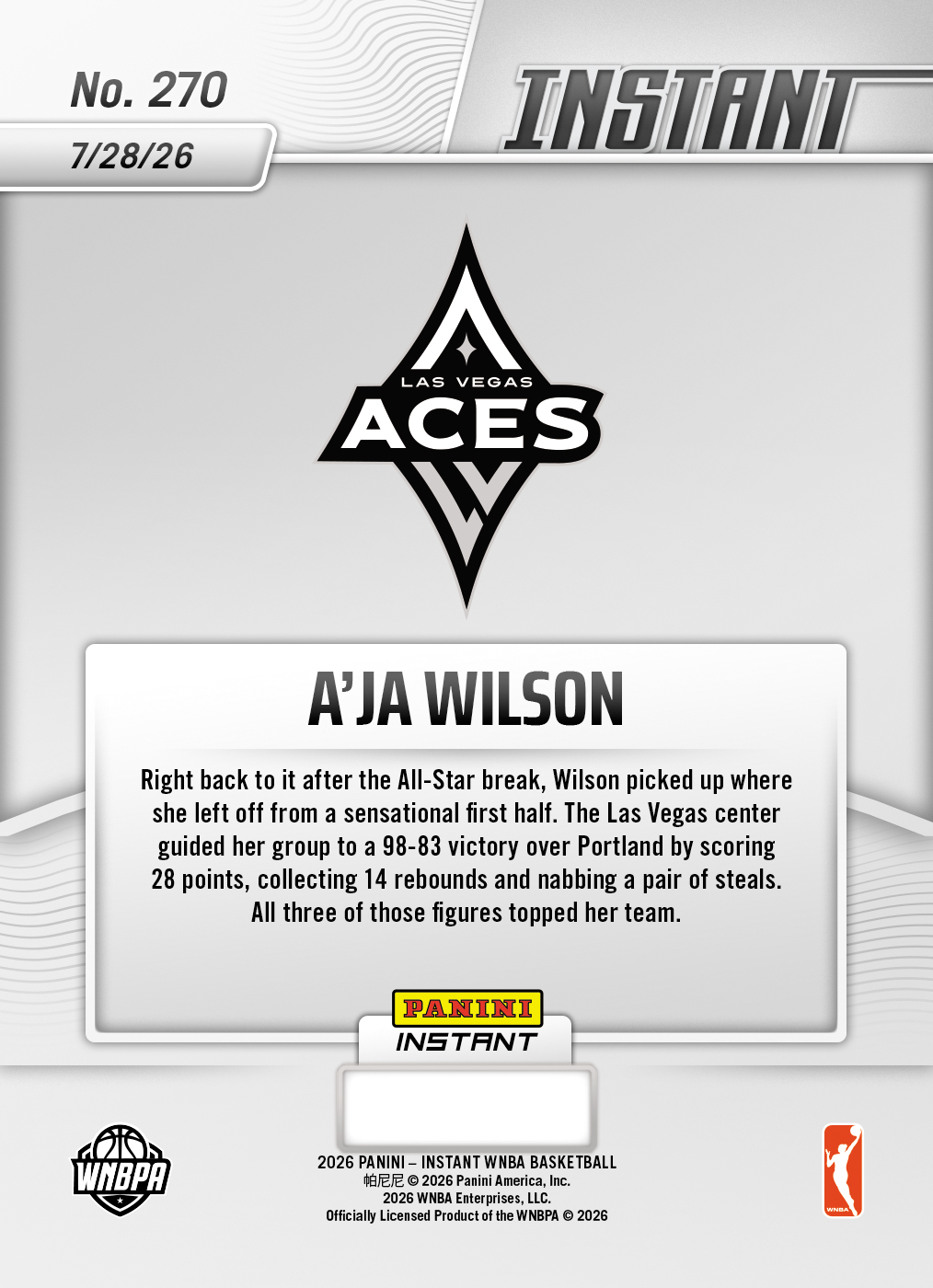 Product thumbnail image 2 of A'ja Wilson - 2026 Panini Instant WNBA #270 - Base Card 25-pack