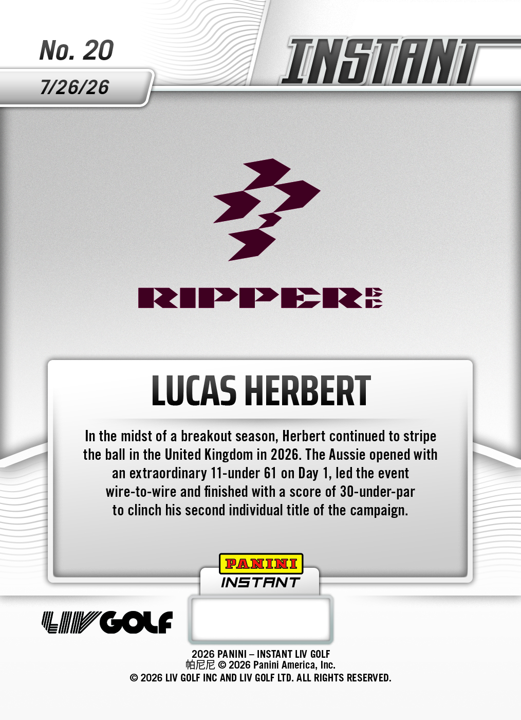 Product thumbnail image 2 of Lucas Herbert - 2026 Panini Instant LIV Golf #20 - Base Card 25-pack