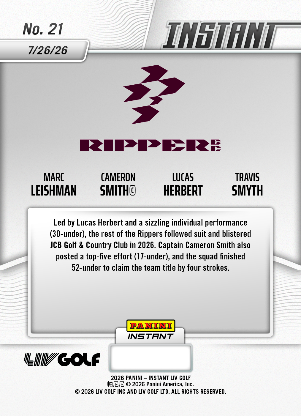 Product thumbnail image 2 of Ripper GC - 2026 Panini Instant LIV Golf #21 - Base Card 25-pack