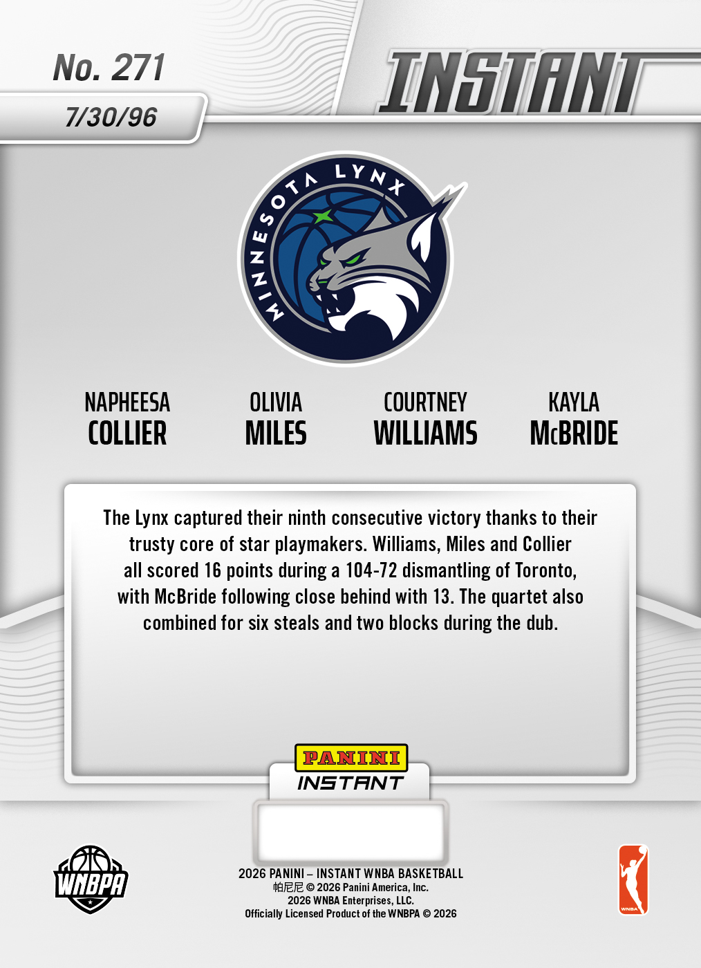 Product thumbnail image 2 of Napheesa Collier/Olivia Miles/Courtney Williams/Kayla McBride - 2026 Panini Instant WNBA #271 - Base Card 25-pack