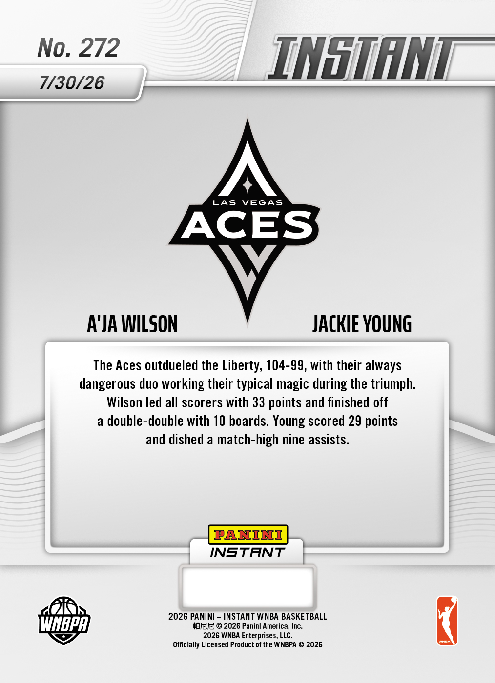 Product thumbnail image 2 of A'ja Wilson/Jackie Young - 2026 Panini Instant WNBA #272 - Base Card 5-pack