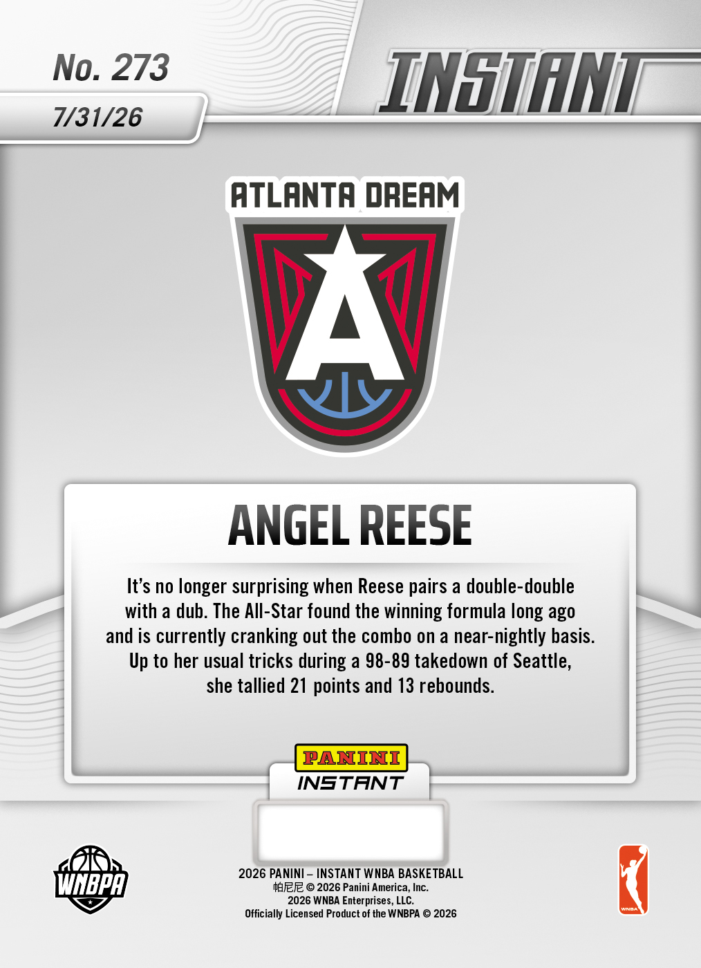 Product thumbnail image 2 of Angel Reese - 2026 Panini Instant WNBA #273 - Base Card 25-pack