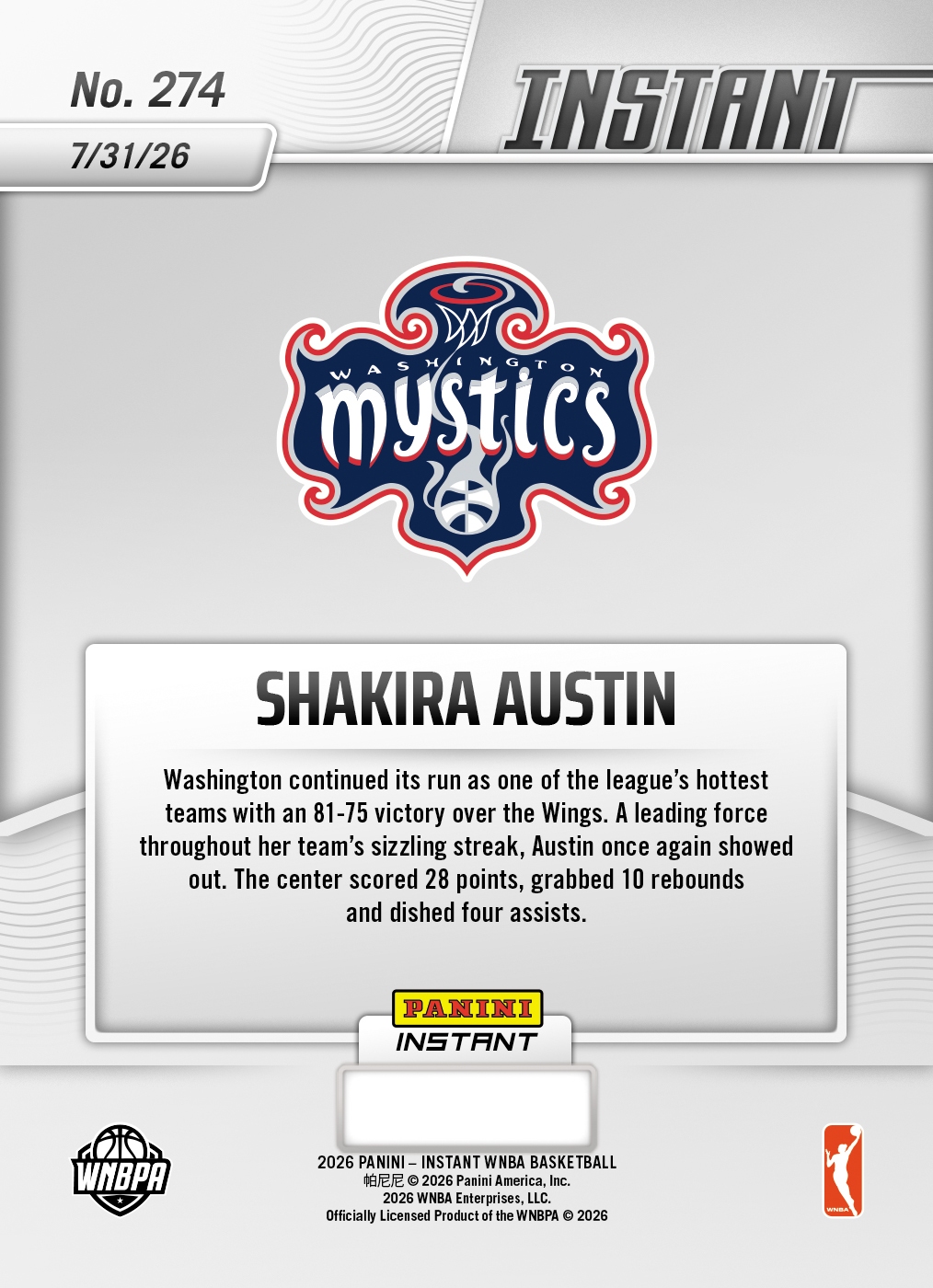 Product thumbnail image 2 of Shakira Austin - 2026 Panini Instant WNBA #274 - Galaxy 1/1