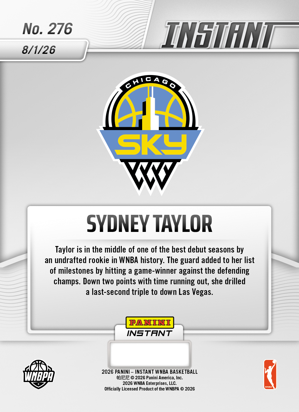 Product thumbnail image 2 of Sydney Taylor - 2026 Panini Instant WNBA #276 - Base Card 25-pack