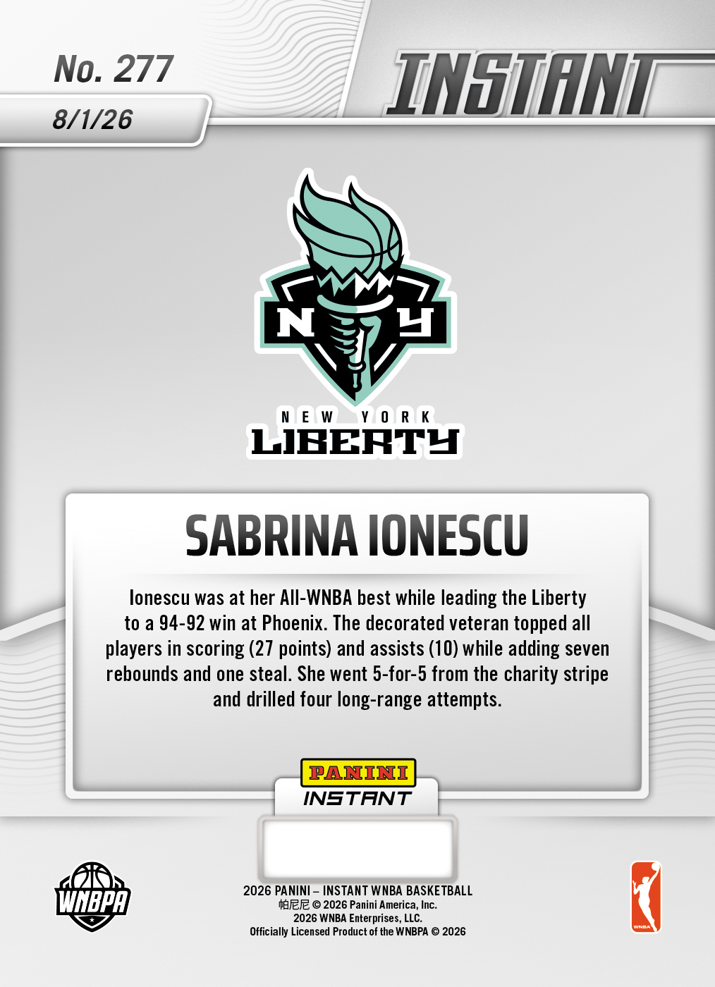 Product thumbnail image 2 of Sabrina Ionescu - 2026 Panini Instant WNBA #277 - Galaxy 1/1