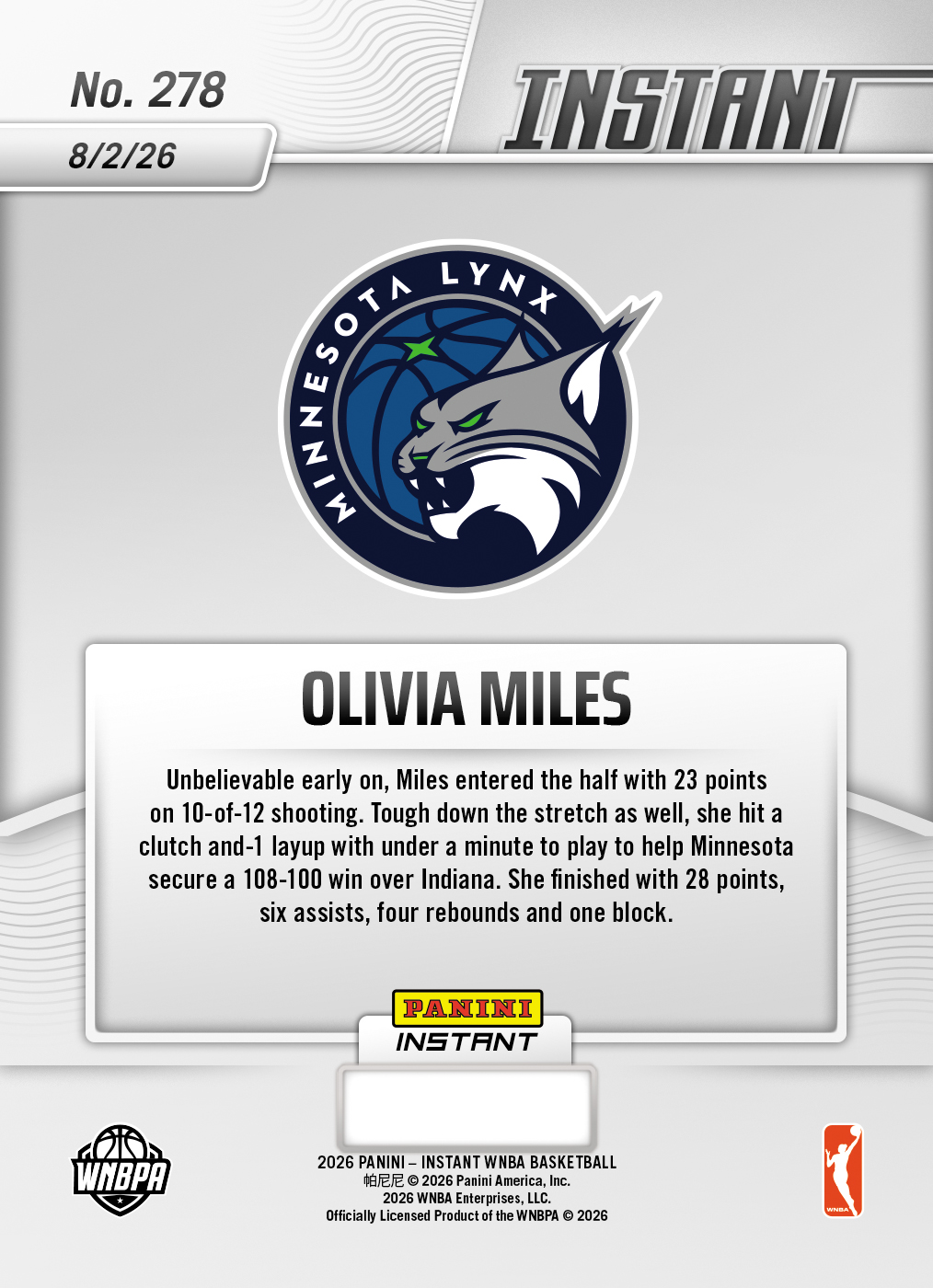 Product thumbnail image 2 of Olivia Miles - 2026 Panini Instant WNBA #278 - Base Card 25-pack