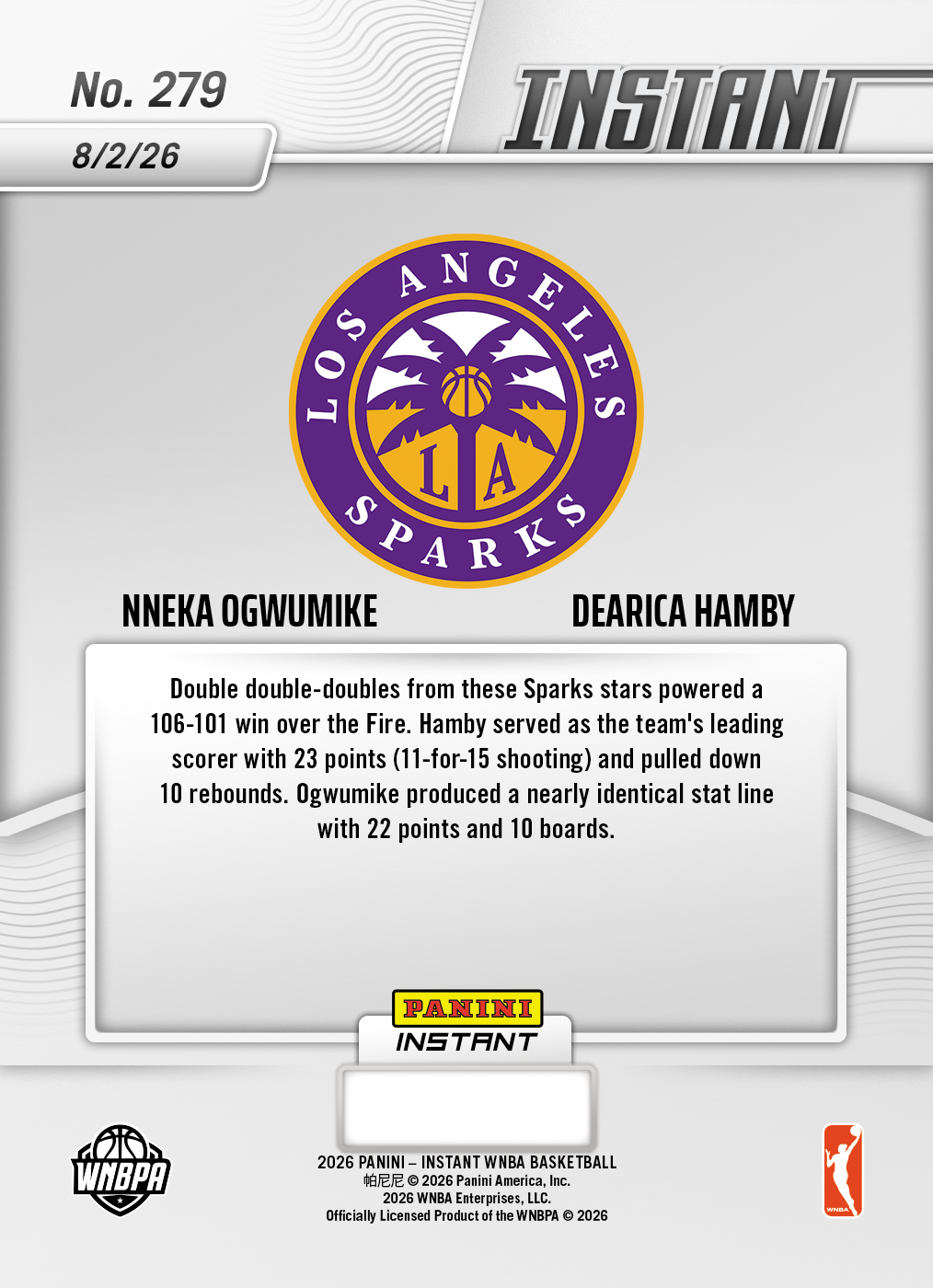 Product thumbnail image 2 of Nneka Ogwumike/Dearica Hamby - 2026 Panini Instant WNBA #279 - Metallic /5