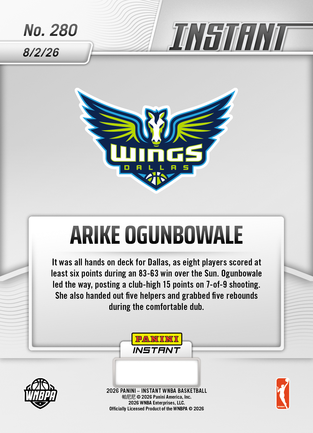 Product thumbnail image 2 of Arike Ogunbowale - 2026 Panini Instant WNBA #280 - Base Card 5-pack
