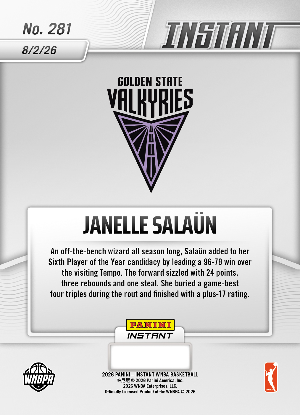 Product thumbnail image 2 of Janelle Salaun - 2026 Panini Instant WNBA #281 - Gold /10 Auto