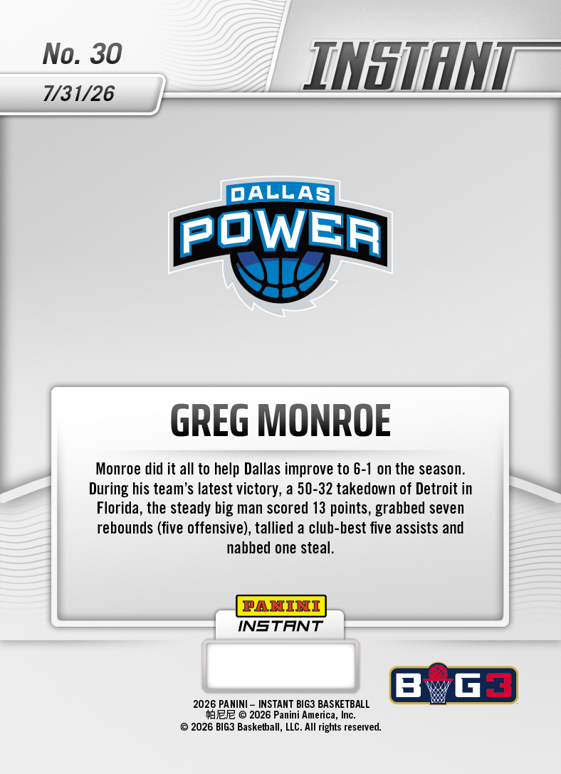 Product thumbnail image 2 of Greg Monroe - 2026 Panini Instant Big3 #30 - Base Card 10-pack