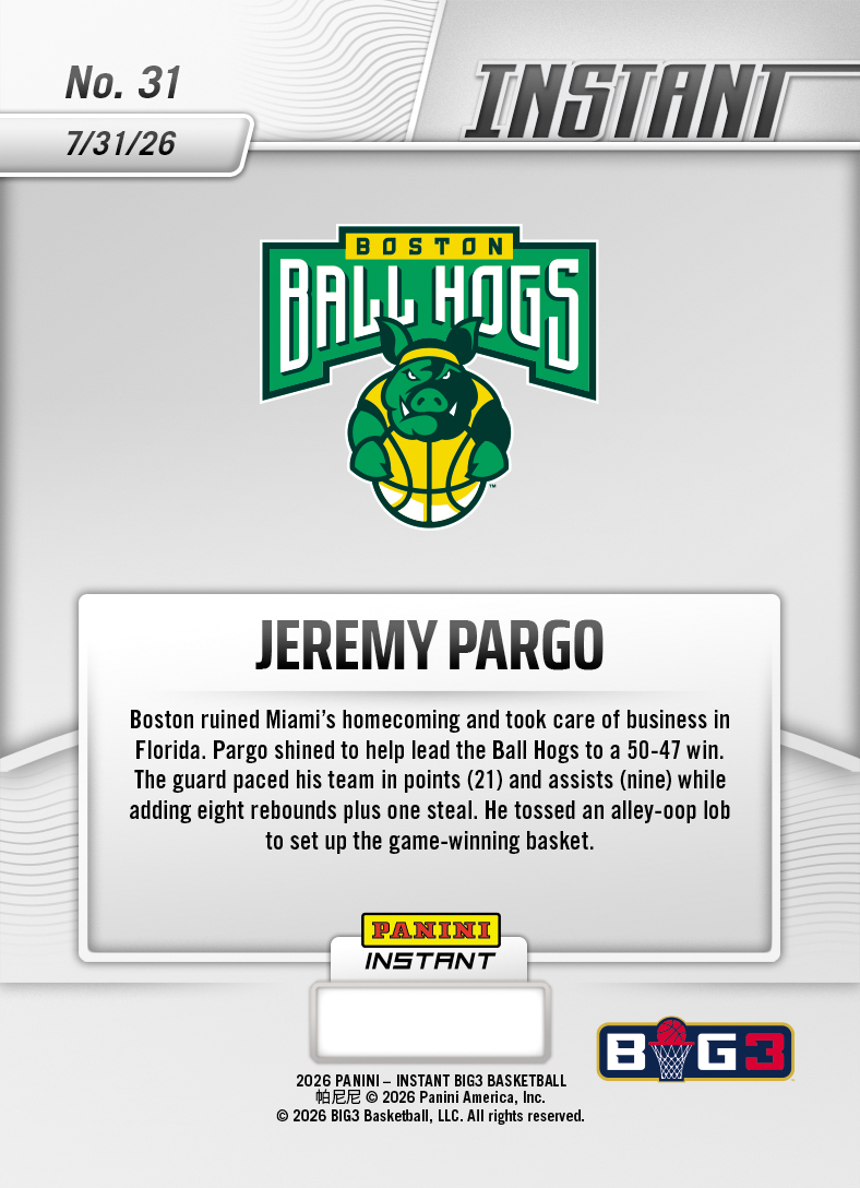 Product thumbnail image 2 of Jeremy Pargo - 2026 Panini Instant Big3 #31 - Base Card 25-pack