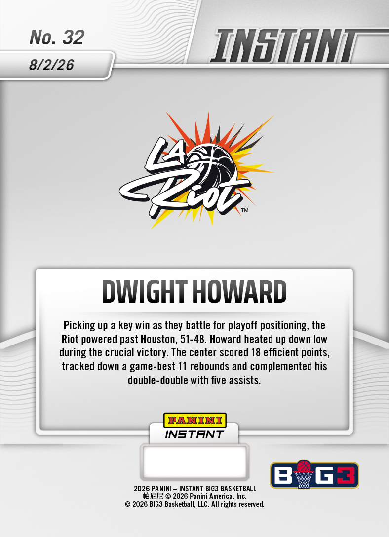 Product thumbnail image 2 of Dwight Howard - 2026 Panini Instant Big3 #32 - Base Card 25-pack