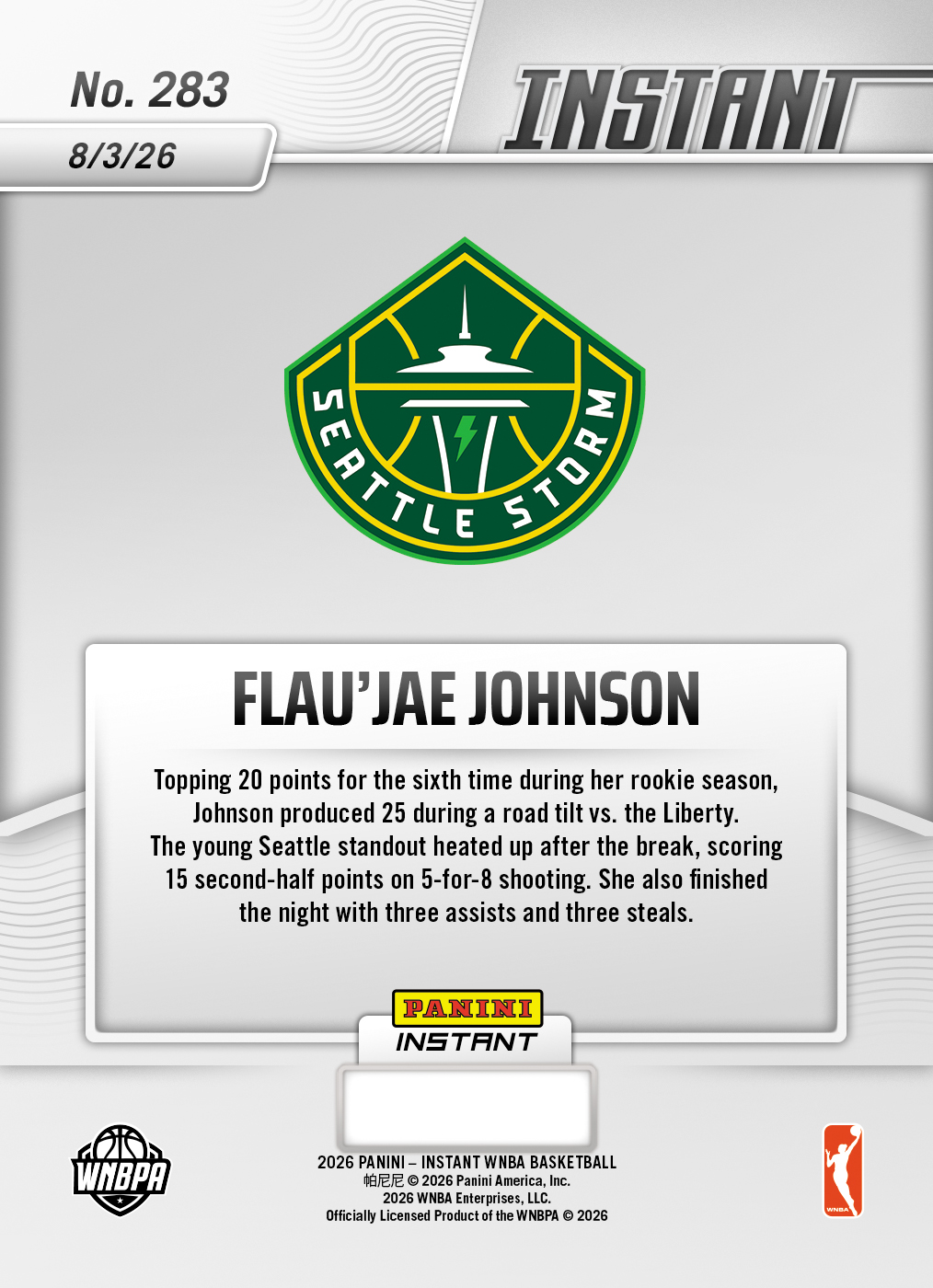 Product thumbnail image 2 of Flau'jae Johnson - 2026 Panini Instant WNBA #283 - Base Card 5-pack