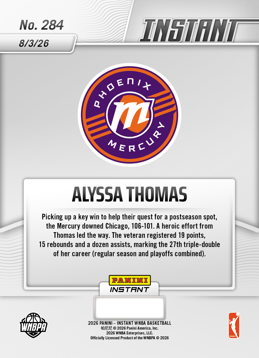 Product thumbnail image 2 of Alyssa Thomas - 2026 Panini Instant WNBA #284 - Base Card 25-pack