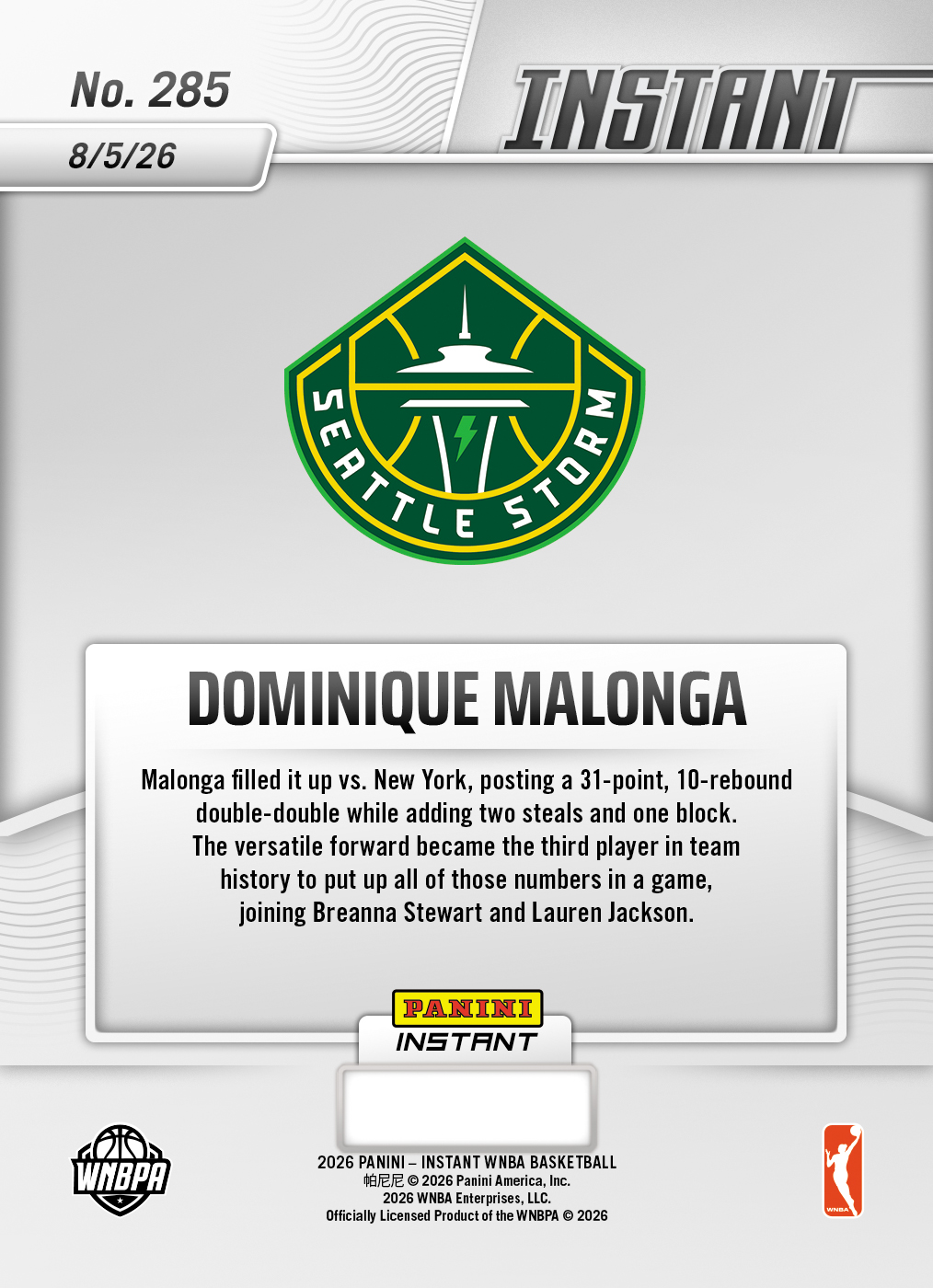Product thumbnail image 2 of Dominique Malonga - 2026 Panini Instant WNBA #285 - Base Card 10-pack