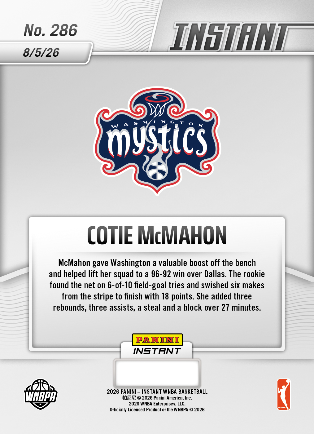 Product thumbnail image 2 of Cotie McMahon - 2026 Panini Instant WNBA #286 - Base Card 10-pack