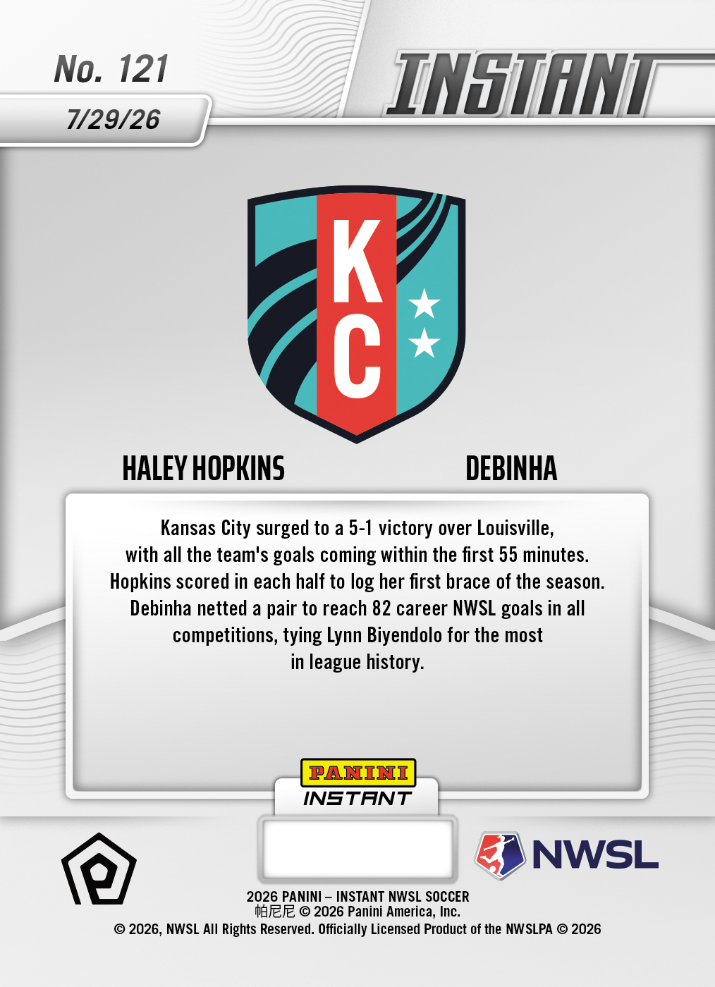Product thumbnail image 2 of Haley Hopkins/Debinha - 2026 Panini Instant NWSL #121 - Base Card 10-pack