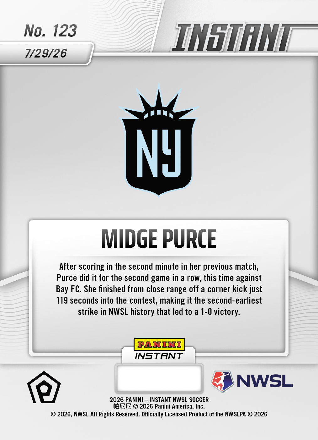 Product thumbnail image 2 of Midge Purce - 2026 Panini Instant NWSL #123 - Base Card 10-pack