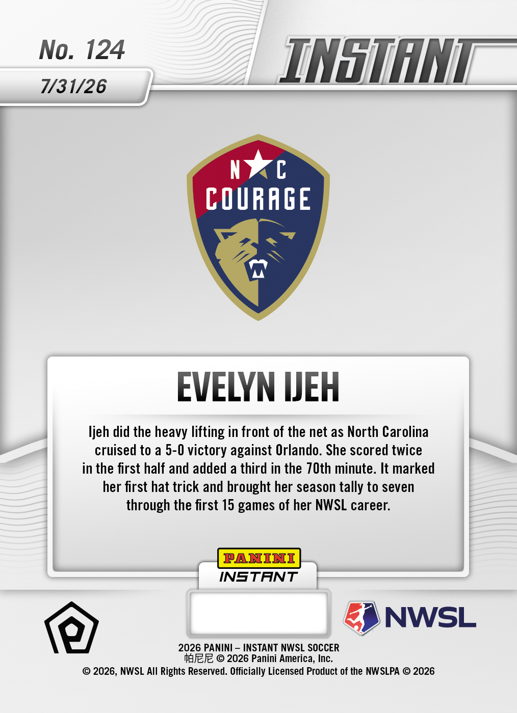 Product thumbnail image 2 of Evelyn Ijeh - 2026 Panini Instant NWSL #124 - Base Card 5-pack