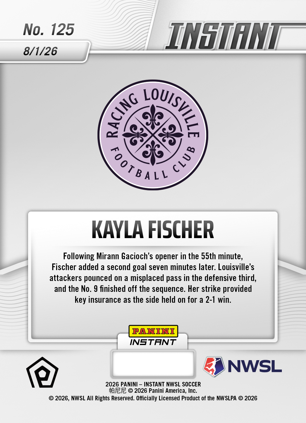 Product thumbnail image 2 of Kayla Fischer - 2026 Panini Instant NWSL #125 - Base Card 10-pack
