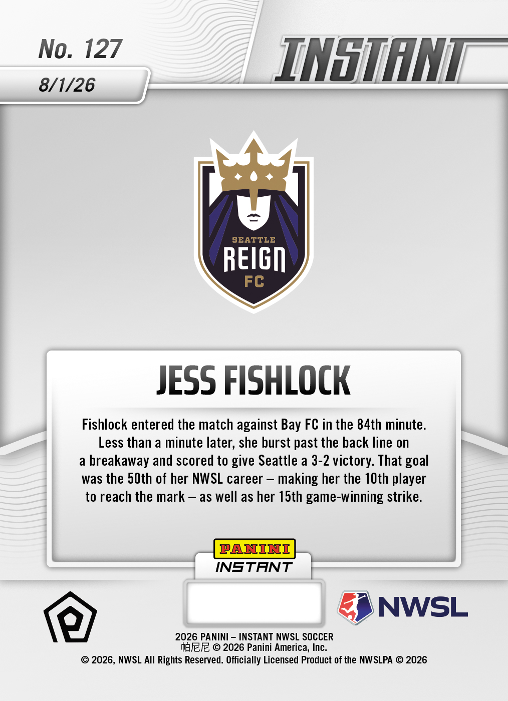 Product thumbnail image 2 of Jess Fishlock - 2026 Panini Instant NWSL #127 - Base Card 10-pack